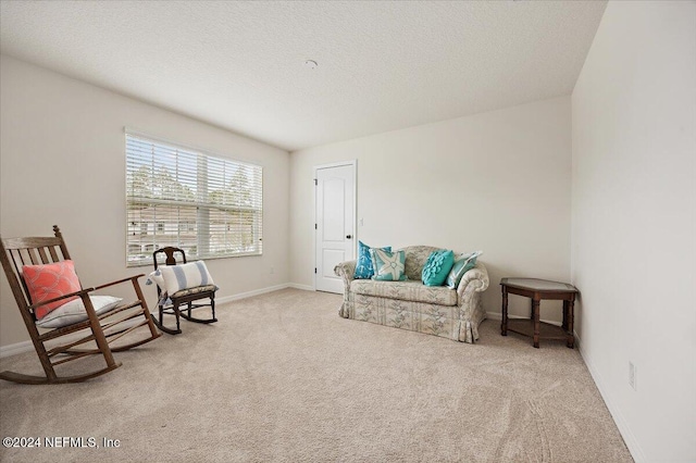 sitting room featuring a textured ceiling, baseboards, and light colored carpet