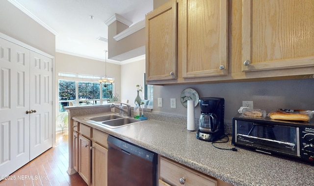 kitchen featuring light brown cabinetry, decorative light fixtures, dishwasher, sink, and ornamental molding