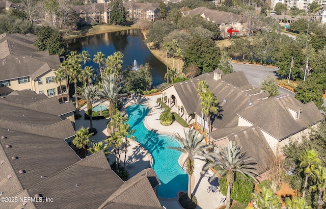 aerial view featuring a water view