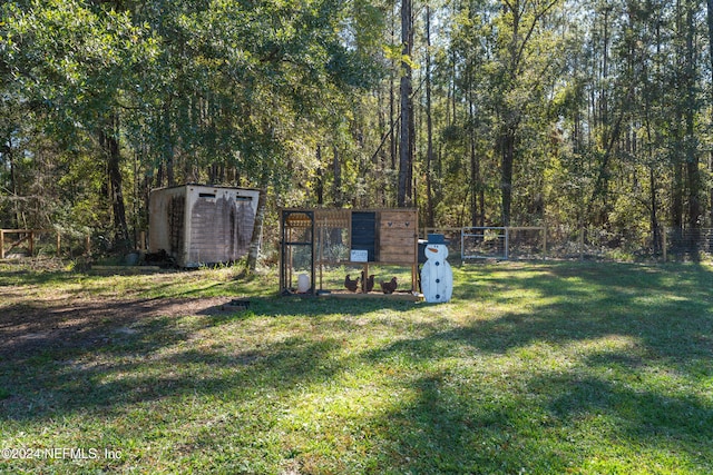 view of yard featuring a shed