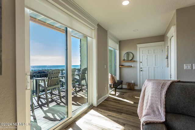 entryway with hardwood / wood-style floors and a water view