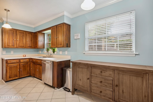 kitchen with dishwasher, sink, crown molding, hanging light fixtures, and light tile patterned floors