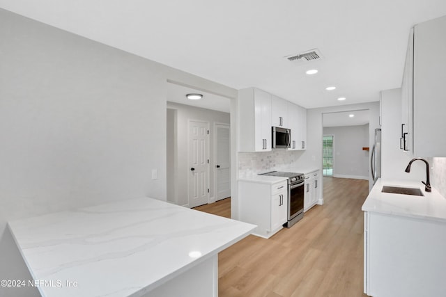 kitchen with white cabinets, sink, light hardwood / wood-style flooring, tasteful backsplash, and stainless steel appliances