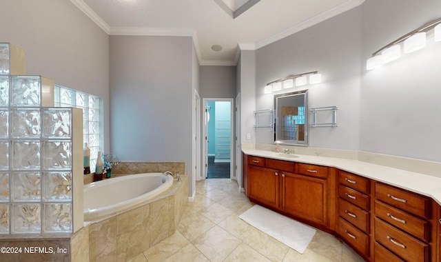 bathroom with a towering ceiling, vanity, a relaxing tiled tub, and ornamental molding