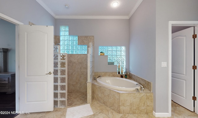 bathroom with independent shower and bath and ornamental molding