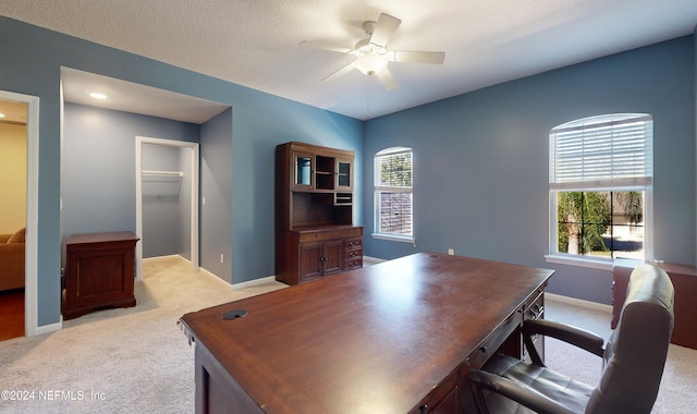 office space with light carpet, a textured ceiling, and ceiling fan