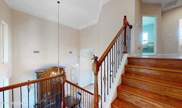 staircase featuring hardwood / wood-style floors and crown molding