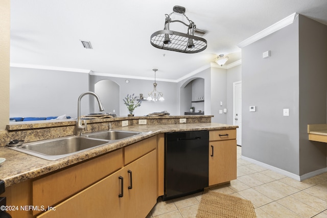 kitchen with crown molding, sink, black dishwasher, hanging light fixtures, and light tile patterned flooring