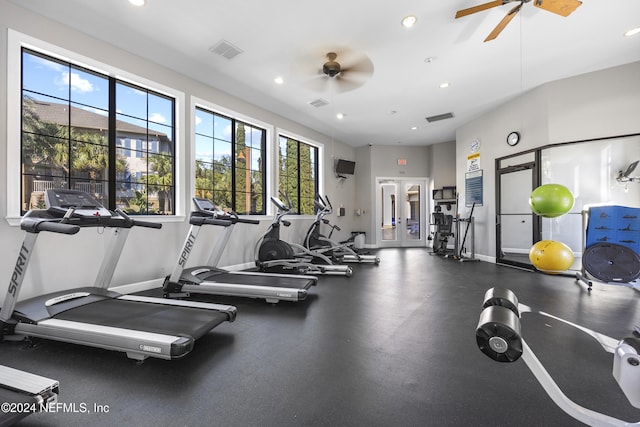 exercise room with ceiling fan