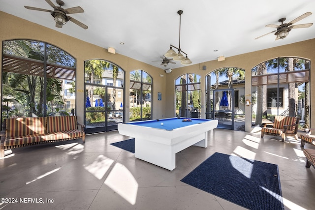 game room with ceiling fan and billiards