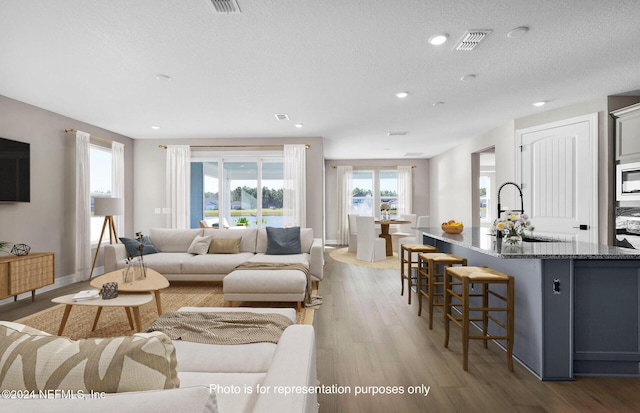 living room featuring sink, a textured ceiling, and hardwood / wood-style flooring