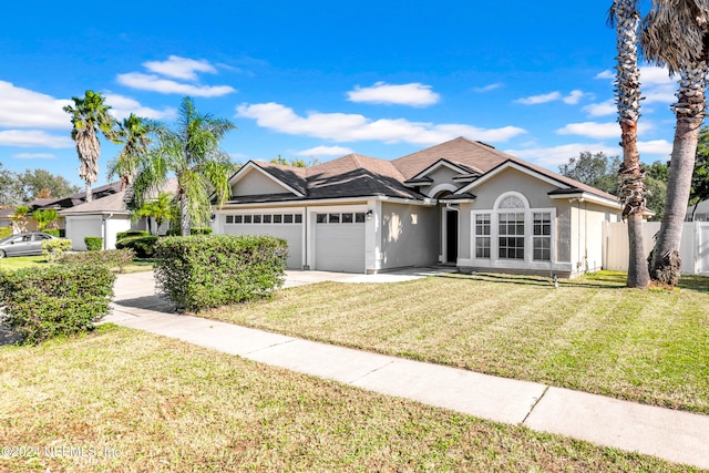 ranch-style house featuring a garage and a front yard