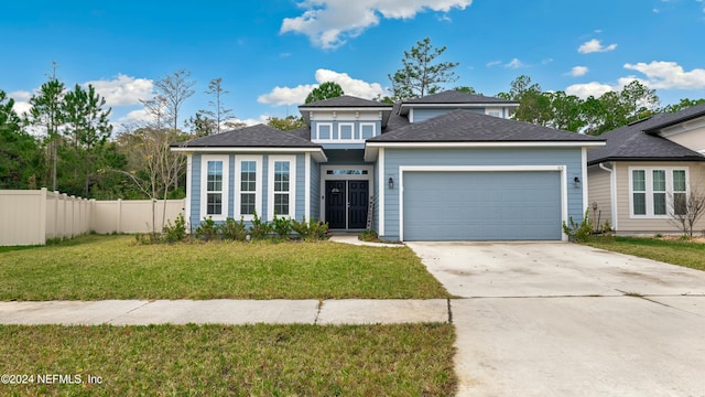 view of front of home with a garage and a front lawn