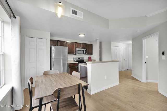 kitchen with dark brown cabinetry, appliances with stainless steel finishes, and light hardwood / wood-style flooring