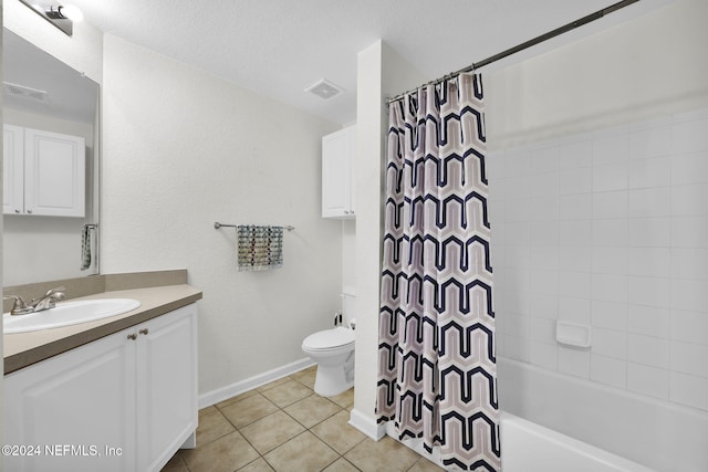 full bathroom with tile patterned flooring, vanity, shower / bath combination with curtain, and toilet