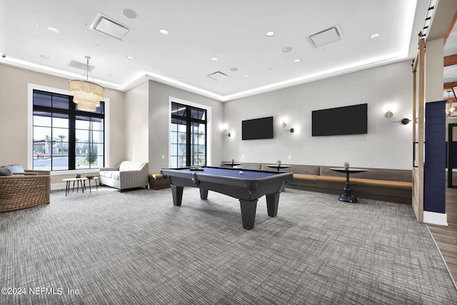 rec room with billiards, baseboards, carpet floors, a tray ceiling, and recessed lighting