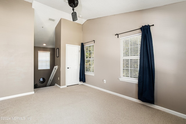 carpeted empty room with a wealth of natural light and lofted ceiling