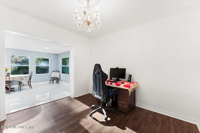 office featuring hardwood / wood-style flooring, a notable chandelier, and crown molding