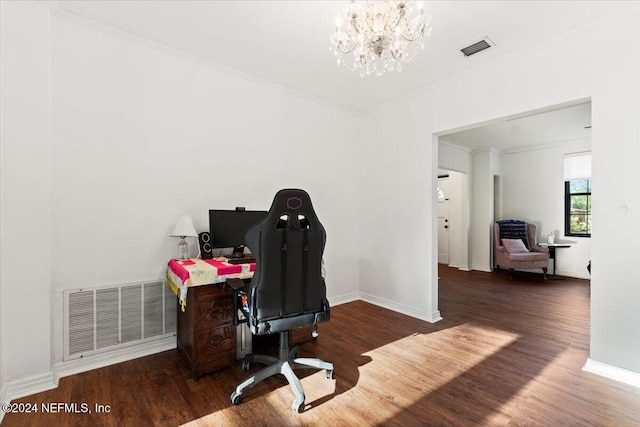 office area with a notable chandelier, dark hardwood / wood-style floors, and ornamental molding