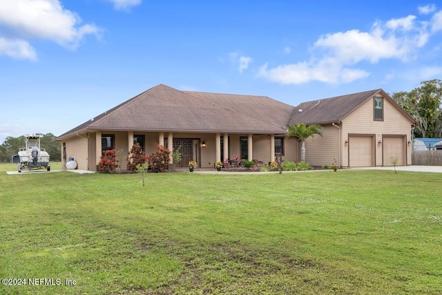 ranch-style home featuring covered porch, a garage, and a front lawn