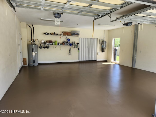 garage with a garage door opener and water heater