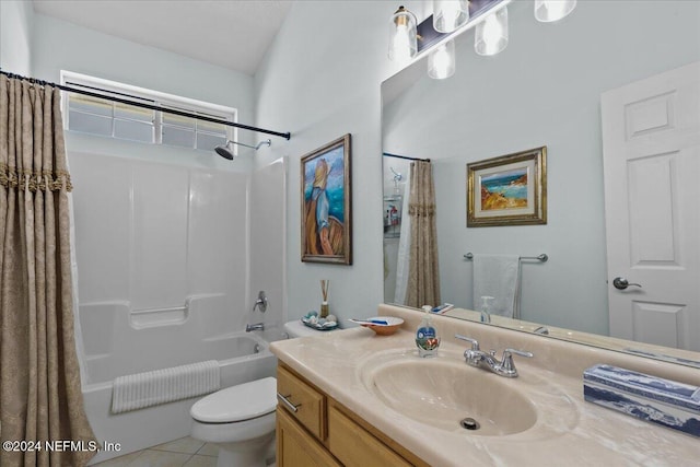 full bathroom featuring tile patterned floors, shower / bath combo, toilet, and vanity