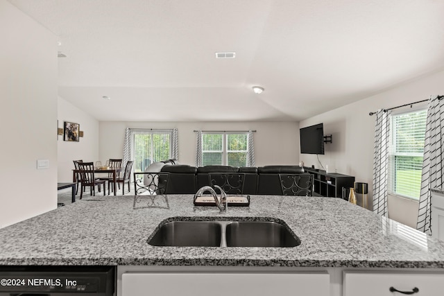 kitchen with light stone countertops, white cabinets, plenty of natural light, and sink