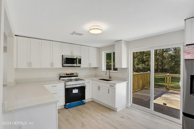 kitchen with white cabinetry, sink, light hardwood / wood-style floors, a textured ceiling, and appliances with stainless steel finishes