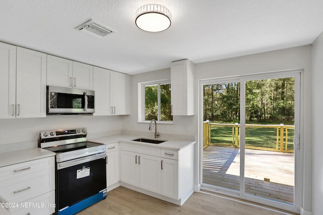 kitchen featuring sink, white cabinets, light wood-type flooring, and appliances with stainless steel finishes