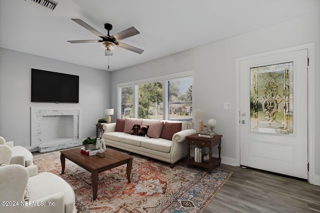 living room with ceiling fan and wood-type flooring