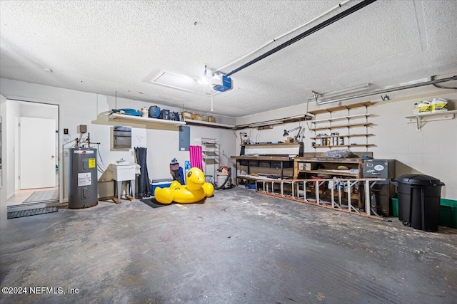 garage with sink, a workshop area, water heater, electric panel, and a garage door opener