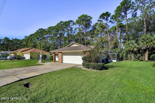 single story home featuring glass enclosure, a garage, and a front yard