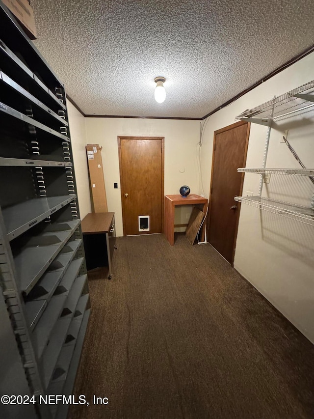 spacious closet featuring dark colored carpet