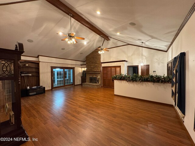 living room featuring beamed ceiling, ceiling fan, dark hardwood / wood-style flooring, and high vaulted ceiling