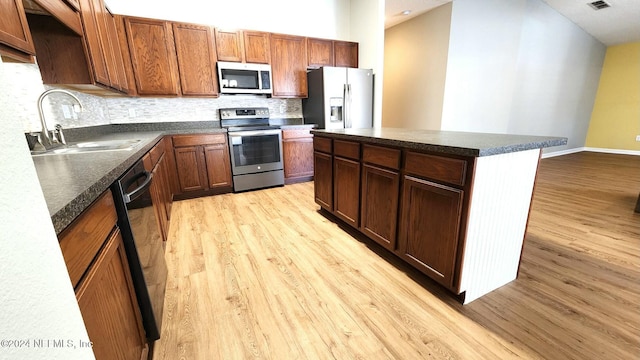 kitchen featuring sink, decorative backsplash, a kitchen island, appliances with stainless steel finishes, and light hardwood / wood-style floors