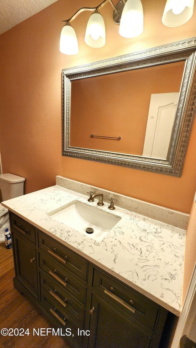 bathroom with vanity, wood-type flooring, and a textured ceiling