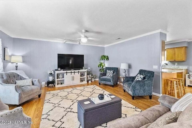 living room with ceiling fan, light hardwood / wood-style floors, ornamental molding, and a textured ceiling