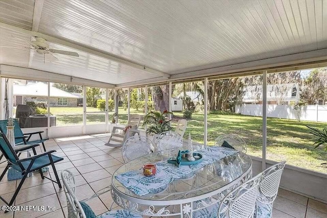 sunroom / solarium with ceiling fan and vaulted ceiling