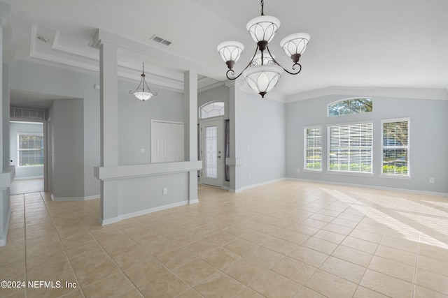 unfurnished dining area with light tile patterned floors, ornamental molding, lofted ceiling, and a notable chandelier