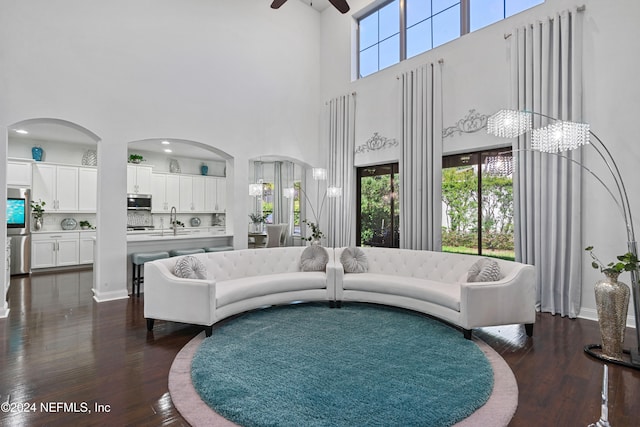 living room featuring a healthy amount of sunlight, sink, a towering ceiling, and dark wood-type flooring