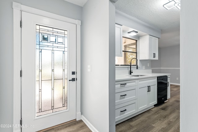 doorway with a textured ceiling, dark hardwood / wood-style flooring, and sink