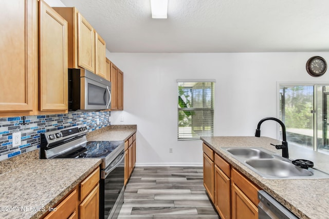 kitchen with a healthy amount of sunlight, sink, stainless steel appliances, and dark wood-type flooring