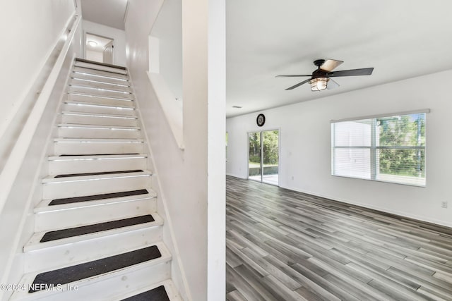 stairway with wood-type flooring and ceiling fan