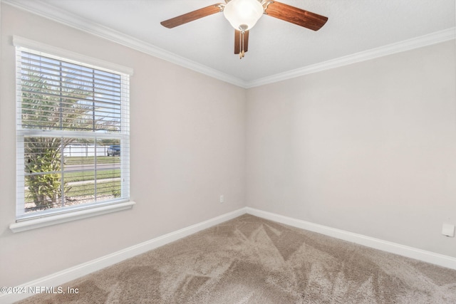 carpeted empty room with ornamental molding and a wealth of natural light