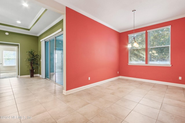 unfurnished room featuring ornamental molding, light tile patterned floors, and a chandelier