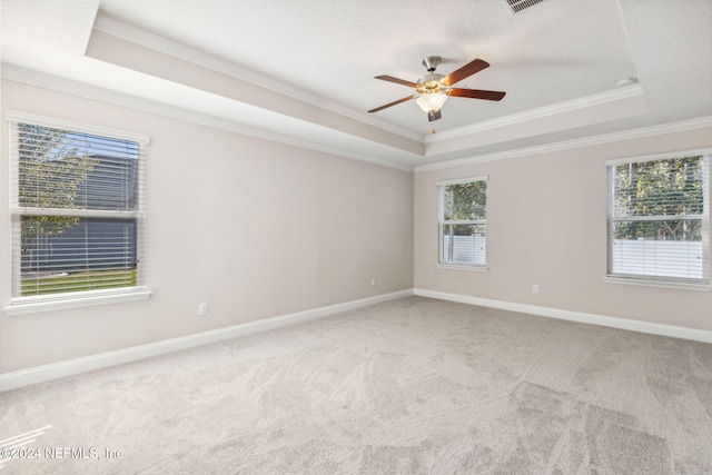 unfurnished room featuring light colored carpet, a raised ceiling, ceiling fan, and ornamental molding