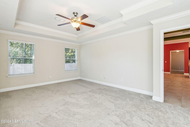 empty room featuring a tray ceiling, a wealth of natural light, and ornamental molding