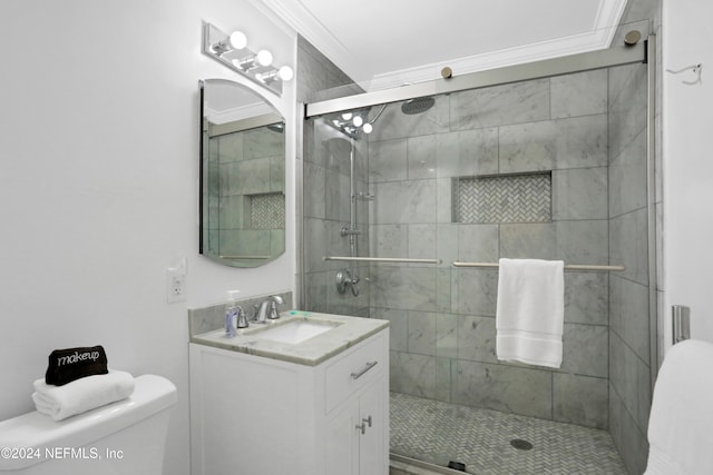 bathroom featuring vanity, toilet, walk in shower, and ornamental molding