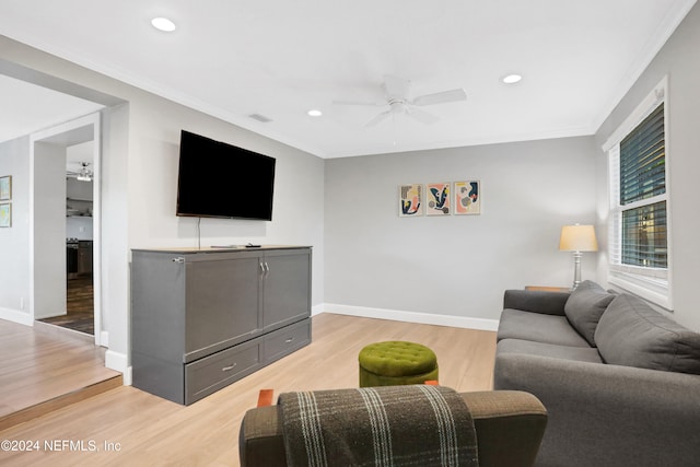 living room featuring light hardwood / wood-style floors, ceiling fan, and ornamental molding