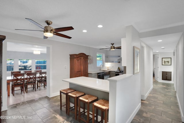 kitchen featuring a breakfast bar area, kitchen peninsula, ceiling fan, and stainless steel appliances